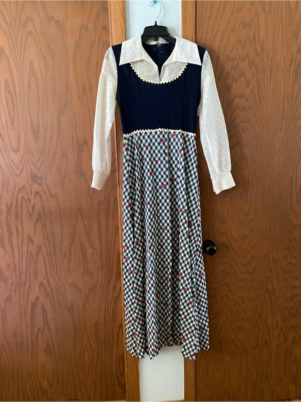 Navy & White Long Sleeve Maxi Dress with Gingham Skirt
